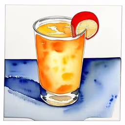 this is a picture of an orange iced drink,a painting of a glass of liquid and an apple on the side