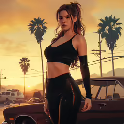 the image shows the woman with her long brown hair and high heels and her tan bikini in a low - cut crop top