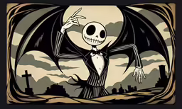 the skeleton in a suit is flying through the sky