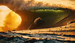 a large wave breaking into the horizon,a large green wave rolling into shore during sunset