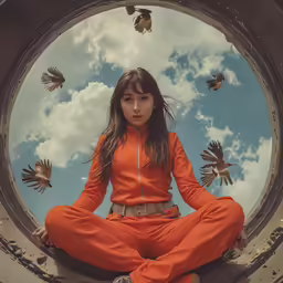 a girl in an orange jumpsuit sitting on the ground