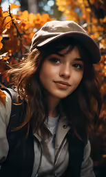 a woman in a hat is near the leaves