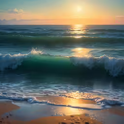 ocean waves at sunset on the beach,a bright sun rises over the ocean as waves crash onto the beach