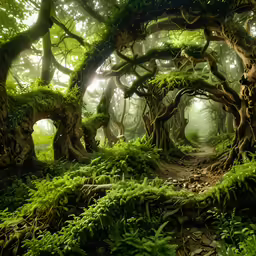 a pathway that leads through a very old tree