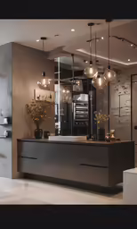 a large black counter in a home kitchen