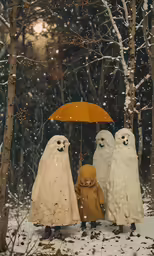 a group of three white owls stand under an umbrella in the snow