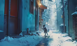 person skating down snowy street with city lights at night