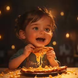 a baby sits at a table while eating pizza
