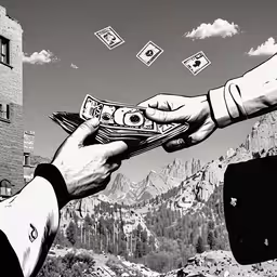 a drawing depicting an image of two hands grabbing money,two people exchanging money from each other while mountains in the background