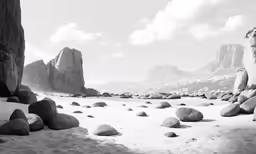 a rocky shore with rocks and snow on the sand