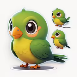 a sticker depicting three green birds with large eyes