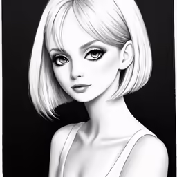 a black and white drawing of a blonde haired woman