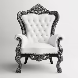 an old style white chair with black trim and intricate designs