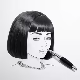 drawing of a woman with her head turned back and an unusual object hanging from the side of her face
