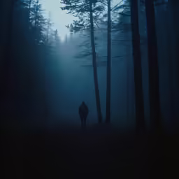two people walking through the woods in the fog