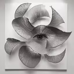 a piece of art with leaves and a human eye on it