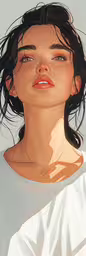 a woman with freckles, short hair and a white shirt,a digital painting of a young woman with freckles on her face