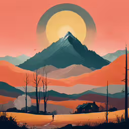 a painting of a mountain and landscape at sunset,an image of a person walking in front of mountains