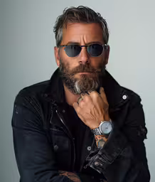 a man with sunglasses on leaning over his hand,man with beard and sunglasses posing for camera
