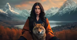 a woman holding a wolf poses for a picture