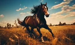 horse running in an open field in the middle of the day