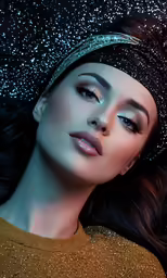 a woman with long hair wearing a black glittered hat and gold dress