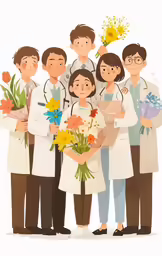 a drawing of five people in lab coats holding flowers