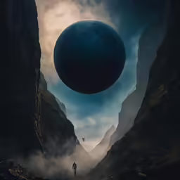 a man stands in a canyon with an alien floating above