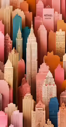 several color buildings all surrounded by a red blue and yellow sign