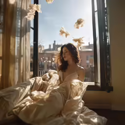 a woman is in bed with butterflies flying around her