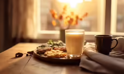 a meal on a brown plate and glass of milk