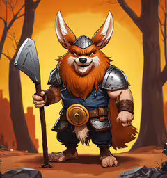 a furry wolf standing in a forest holding a axe,a cartoon style of an animal in armor holding an axe