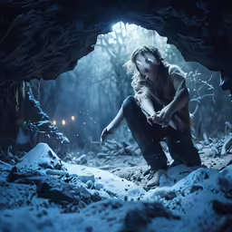 a woman kneeling on the ground in the dark