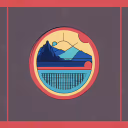an image of a mountain with a bridge in it,a circular picture of mountains and water with a sky in the background