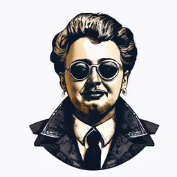 a drawing of elvis presley on white paper,the portrait of the man wearing sunglasses, a shirt and tie