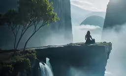 the person is sitting on the ledge near water