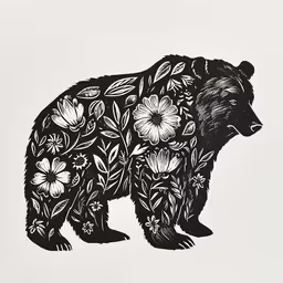 a bear on the white wall has flowers all over it,a black bear on a white background