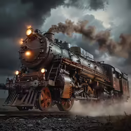 a large train on the railroad on a stormy day
