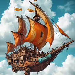 there is a giant wooden boat floating in the sky