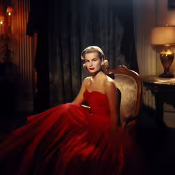 a woman sitting in a chair wearing a red dress,the woman is in a very formal red dress