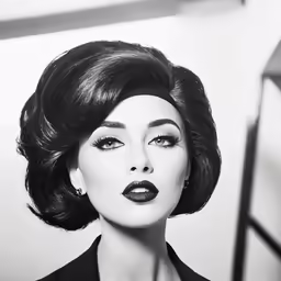 an old black and white photo of a model with curly hair and makeup