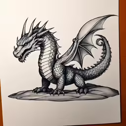 a dragon on white paper next to a pencil drawing