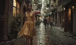 a woman in a yellow dress is standing outside