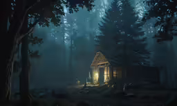 a cabin in a forest is illuminated by the light of the lantern