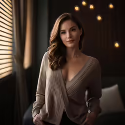 an attractive woman standing in front of a window