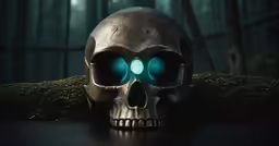 a skeleton has glowing eyes and is sitting down