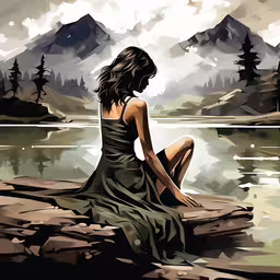 a woman sitting on a rock in front of the mountains,a woman sitting on the shore looking at the water
