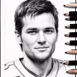 pencils are arranged behind a drawing of a man