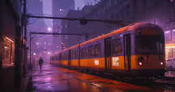 a train is going down the track in a city,a trolley car is pulled into a station at night