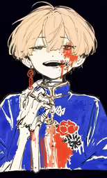 an anime drawing of a person with blood on his face